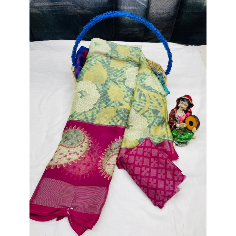 Mayawye Women's Viscose Rayon Printed Saree With Unstitched Blouse (Rani)