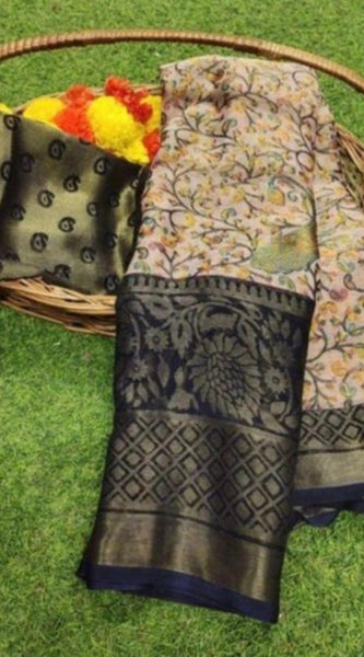 Mayawye Women's Viscose Rayon Printed Saree With Unstitched Blouse (Navyblue)