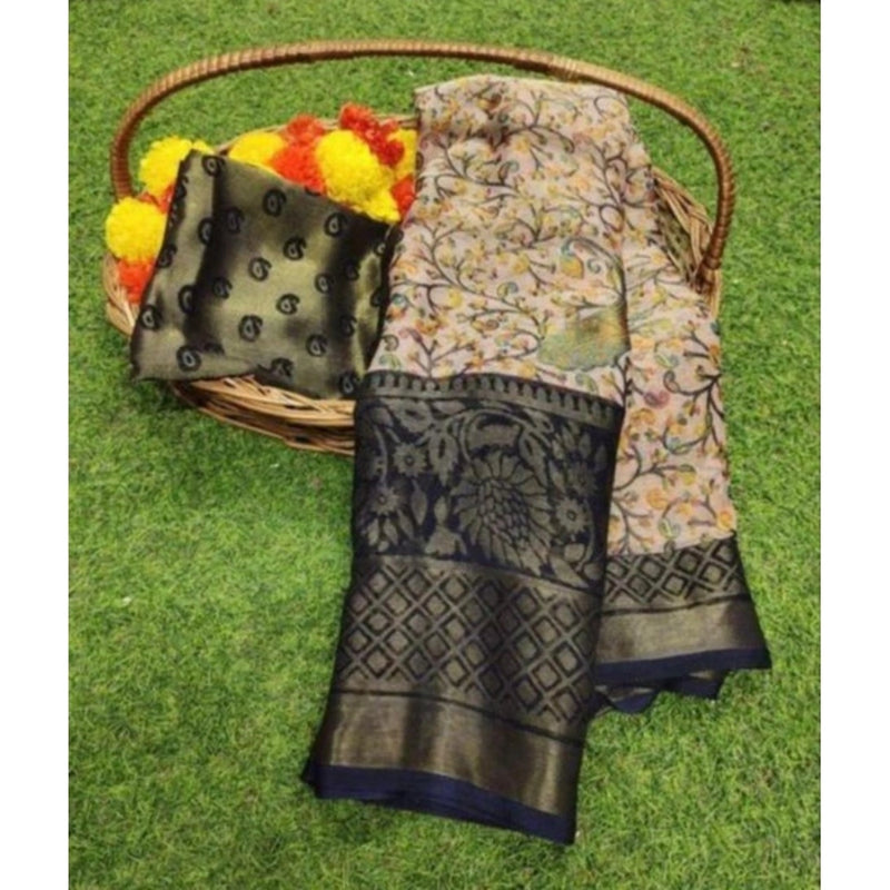 Mayawye Women's Viscose Rayon Printed Saree With Unstitched Blouse (Navyblue)