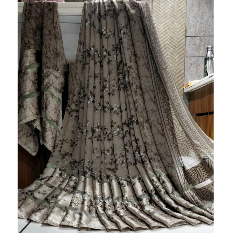 Mayawye Women's Satin Patta Printed Saree With Unstitched Blouse (Grey)