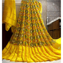 Mayawye Women's Satin Patta Printed Saree With Unstitched Blouse (Yellow)