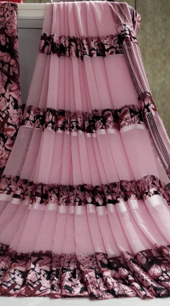 Mayawye Women's Satin Patta Printed Saree With Unstitched Blouse (Pink)