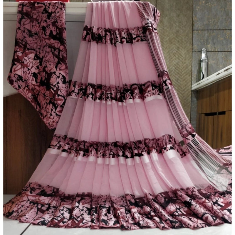 Mayawye Women's Satin Patta Printed Saree With Unstitched Blouse (Pink)