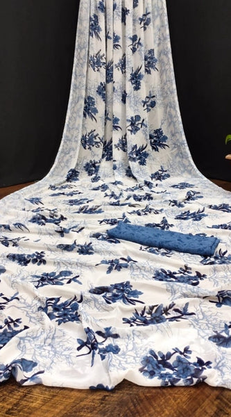 Mayawye Women's Georgette Printed Saree With Unstitched Blouse (Blue)