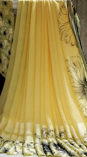 Mayawye Women's Satin Patta Printed Saree With Unstitched Blouse (Yellow)