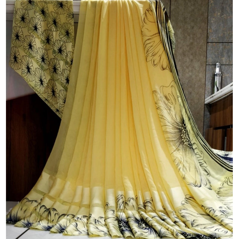 Mayawye Women's Satin Patta Printed Saree With Unstitched Blouse (Yellow)