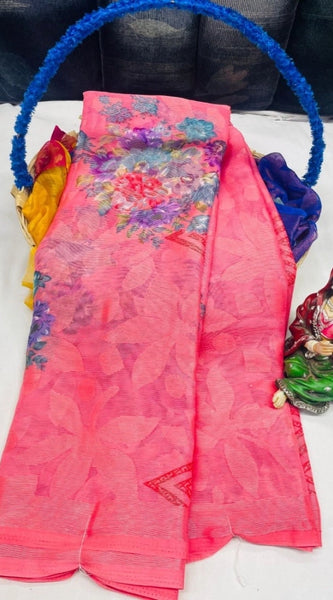 Mayawye Women's Viscose Rayon Printed Saree With Unstitched Blouse (Pink)