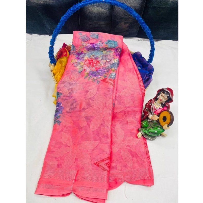 Mayawye Women's Viscose Rayon Printed Saree With Unstitched Blouse (Pink)