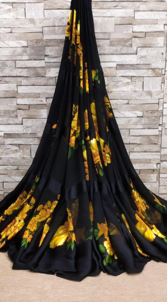 Mayawye Women's Satin Patta Printed Saree With Unstitched Blouse (Yellow)
