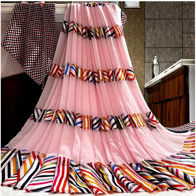 Mayawye Women's Satin Patta Printed Saree With Unstitched Blouse (Pink)