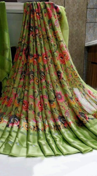 Mayawye Women's Satin Patta Printed Saree With Unstitched Blouse (Green)