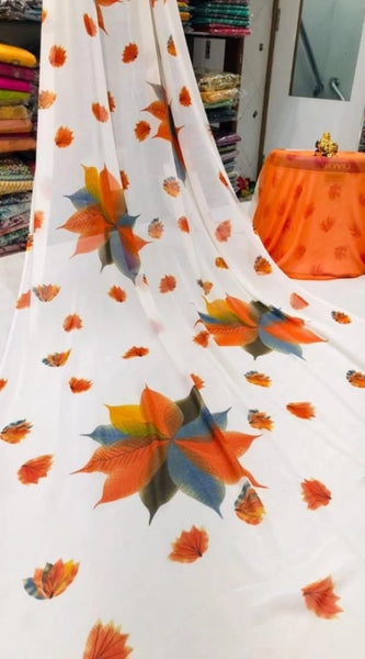 Mayawye Women's Georgette Printed Saree With Unstitched Blouse (Orange)