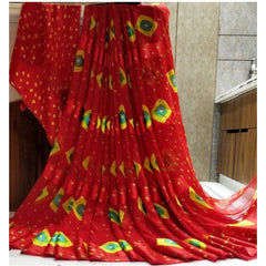 Mayawye Women's Satin Patta Printed Saree With Unstitched Blouse (Red)