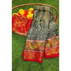 Mayawye Women's Viscose Rayon Printed Saree With Unstitched Blouse (Grey)