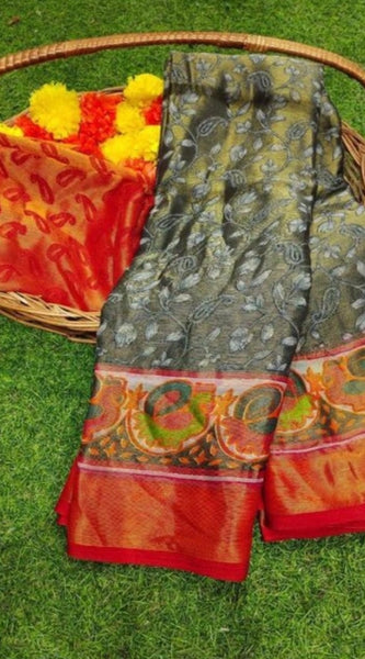 Mayawye Women's Viscose Rayon Printed Saree With Unstitched Blouse (Grey)