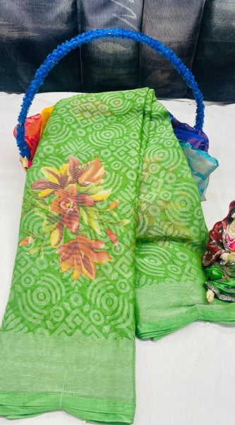 Mayawye Women's Viscose Rayon Printed Saree With Unstitched Blouse (Green)