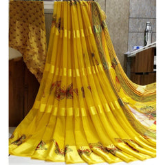 Mayawye Women's Satin Patta Printed Saree With Unstitched Blouse (Yellow)