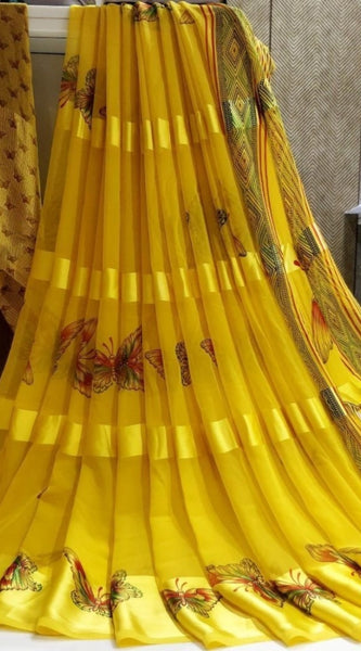 Mayawye Women's Satin Patta Printed Saree With Unstitched Blouse (Yellow)