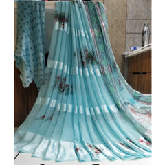 Mayawye Women's Satin Patta Printed Saree With Unstitched Blouse (Skyblue)