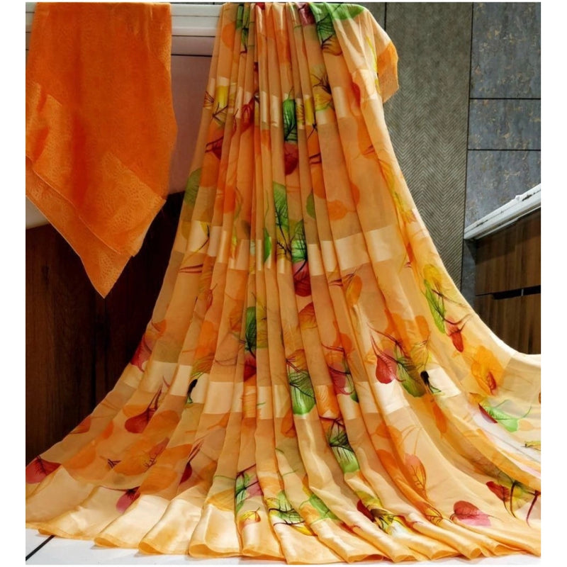 Mayawye Women's Satin Patta Printed Saree With Unstitched Blouse (Orange)