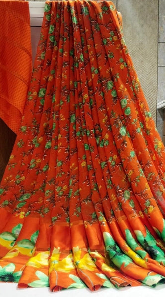 Mayawye Women's Satin Patta Printed Saree With Unstitched Blouse (Orange)