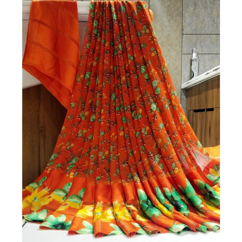 Mayawye Women's Satin Patta Printed Saree With Unstitched Blouse (Orange)