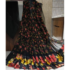 Mayawye Women's Satin Patta Printed Saree With Unstitched Blouse (Black)