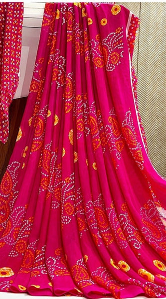 Mayawye Women's Georgette Printed Saree With Unstitched Blouse (Pink)