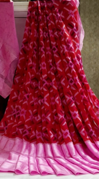 Mayawye Women's Satin Patta Printed Saree With Unstitched Blouse (Pink)