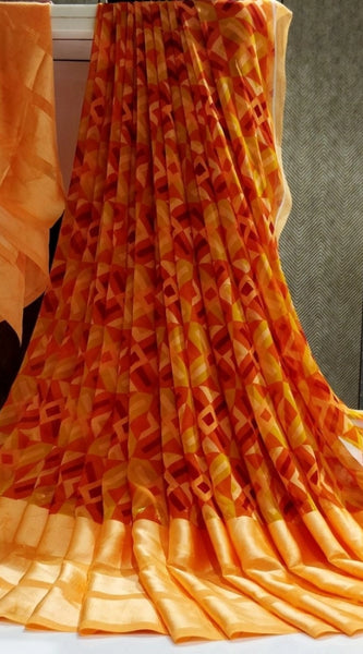 Mayawye Women's Satin Patta Printed Saree With Unstitched Blouse (Orange)