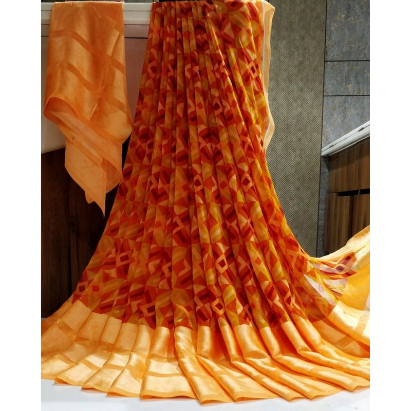 Mayawye Women's Satin Patta Printed Saree With Unstitched Blouse (Orange)