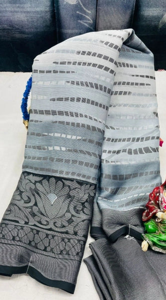Mayawye Women's Viscose Rayon Printed Saree With Unstitched Blouse (Grey)
