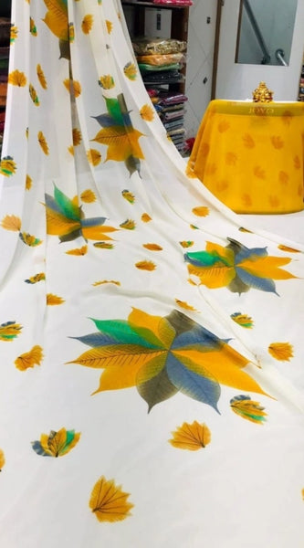 Mayawye Women's Georgette Printed Saree With Unstitched Blouse (Yellow)