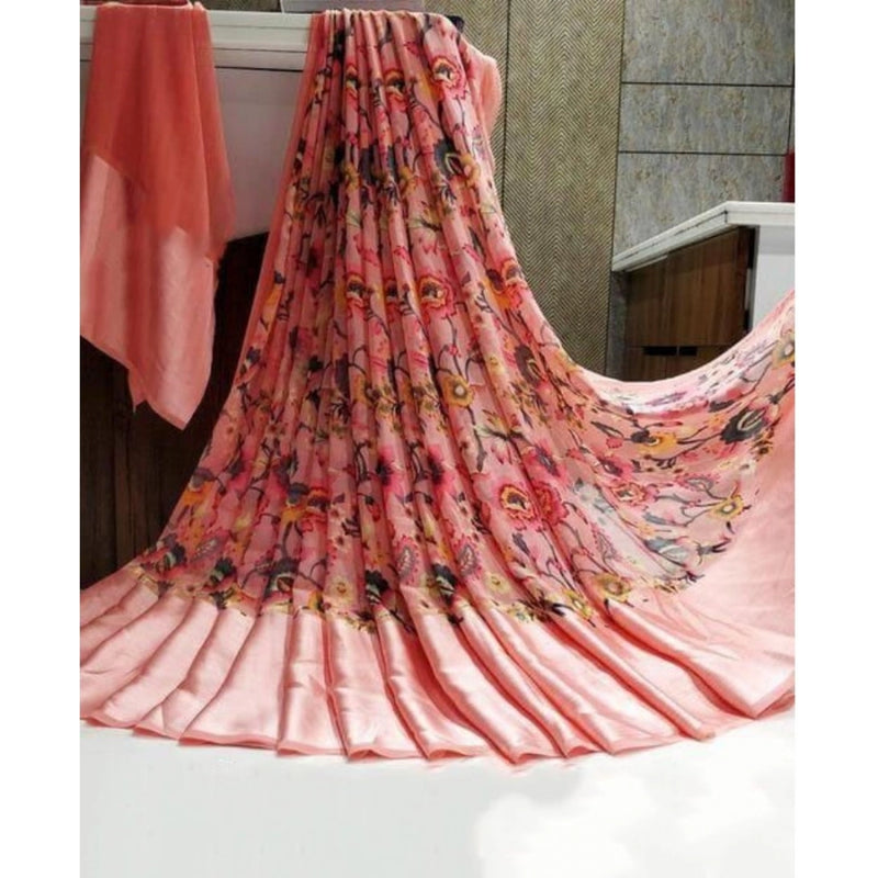 Mayawye Women's Satin Patta Printed Saree With Unstitched Blouse (Pink)
