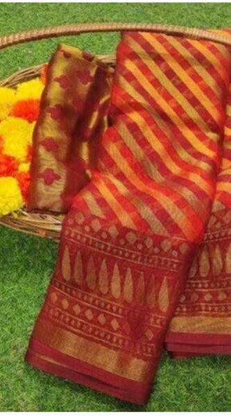 Mayawye Women's Viscose Rayon Printed Saree With Unstitched Blouse (Red)