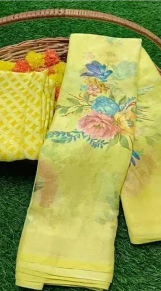 Mayawye Women's Viscose Rayon Printed Saree With Unstitched Blouse (Yellow)