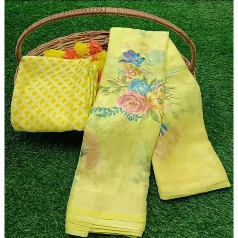 Mayawye Women's Viscose Rayon Printed Saree With Unstitched Blouse (Yellow)