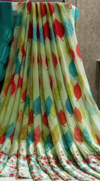 Mayawye Women's Satin Patta Printed Saree With Unstitched Blouse (Green)