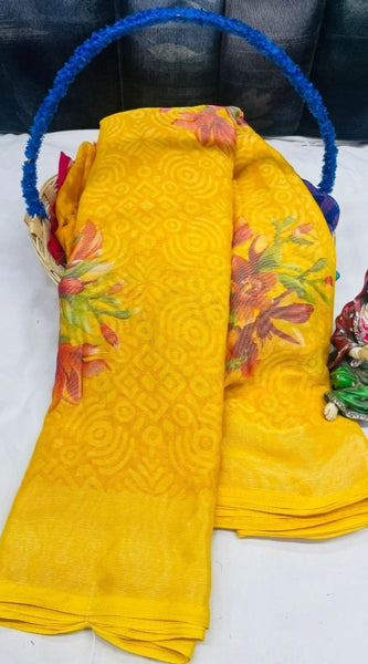 Mayawye Women's Viscose Rayon Printed Saree With Unstitched Blouse (Yellow)