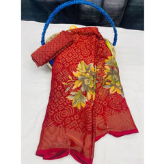 Mayawye Women's Viscose Rayon Printed Saree With Unstitched Blouse (Red)