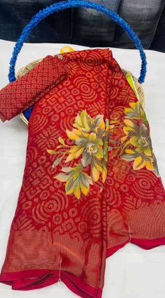 Mayawye Women's Viscose Rayon Printed Saree With Unstitched Blouse (Red)