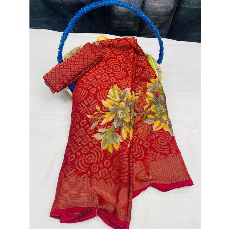 Mayawye Women's Viscose Rayon Printed Saree With Unstitched Blouse (Red)