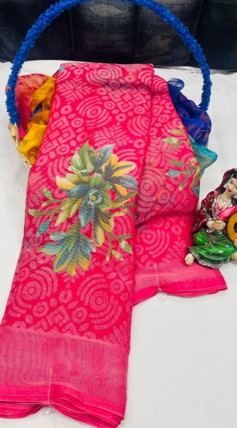 Mayawye Women's Viscose Rayon Printed Saree With Unstitched Blouse (Pink)