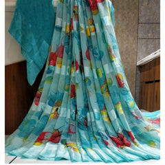 Mayawye Women's Satin Patta Printed Saree With Unstitched Blouse (Skyblue)