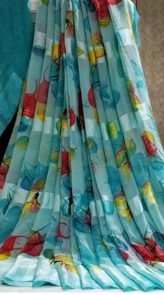 Mayawye Women's Satin Patta Printed Saree With Unstitched Blouse (Skyblue)