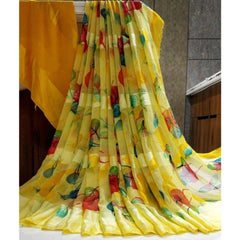 Mayawye Women's Satin Patta Printed Saree With Unstitched Blouse (Yellow)