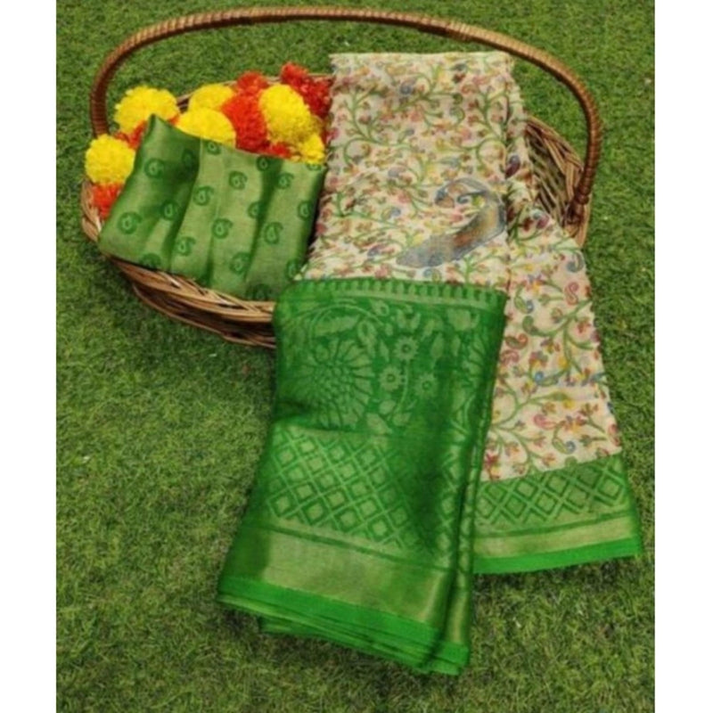 Mayawye Women's Viscose Rayon Printed Saree With Unstitched Blouse (Green)