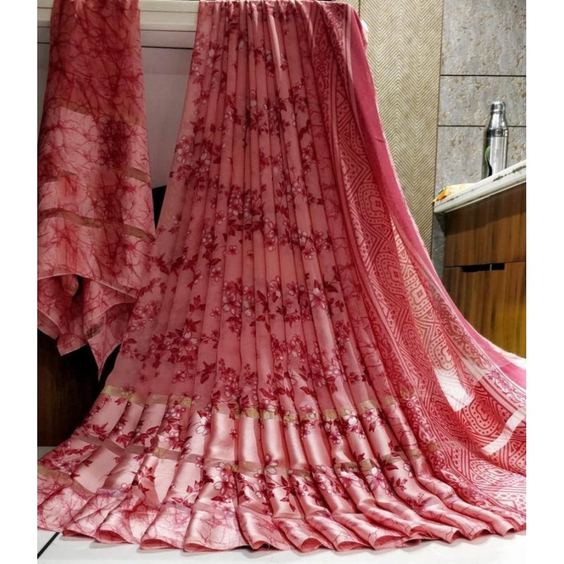 Mayawye Women's Satin Patta Printed Saree With Unstitched Blouse (Pink)