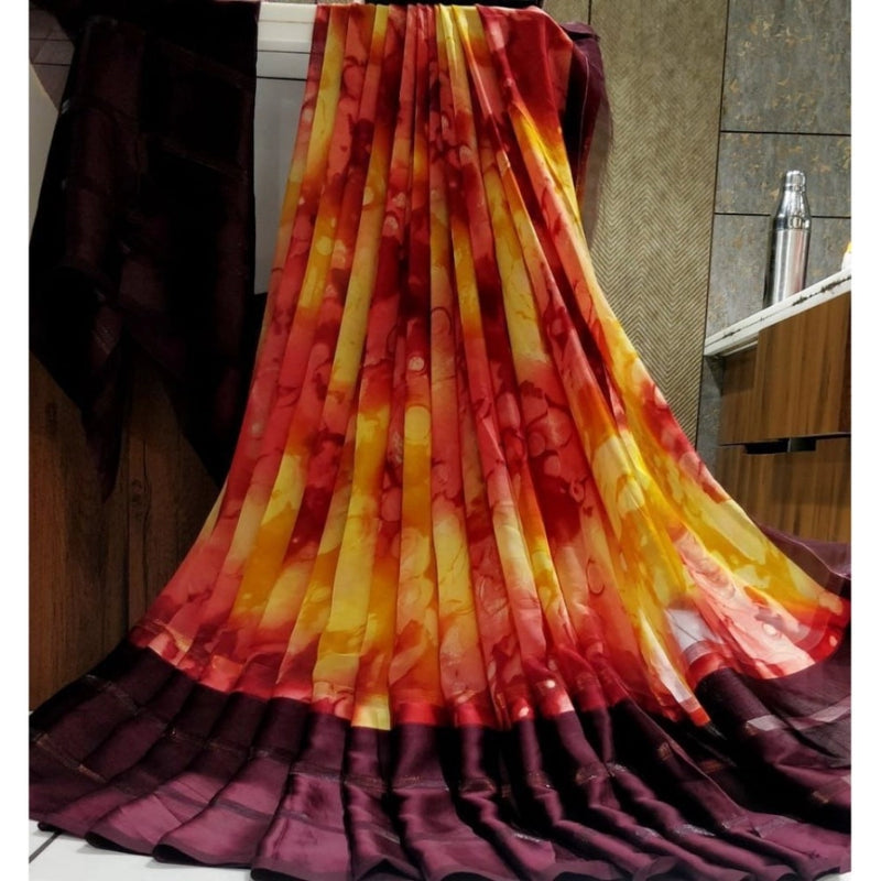 Mayawye Women's Satin Patta Printed Saree With Unstitched Blouse (Purple)