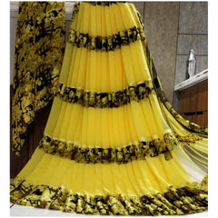 Mayawye Women's Satin Patta Printed Saree With Unstitched Blouse (Yellow)